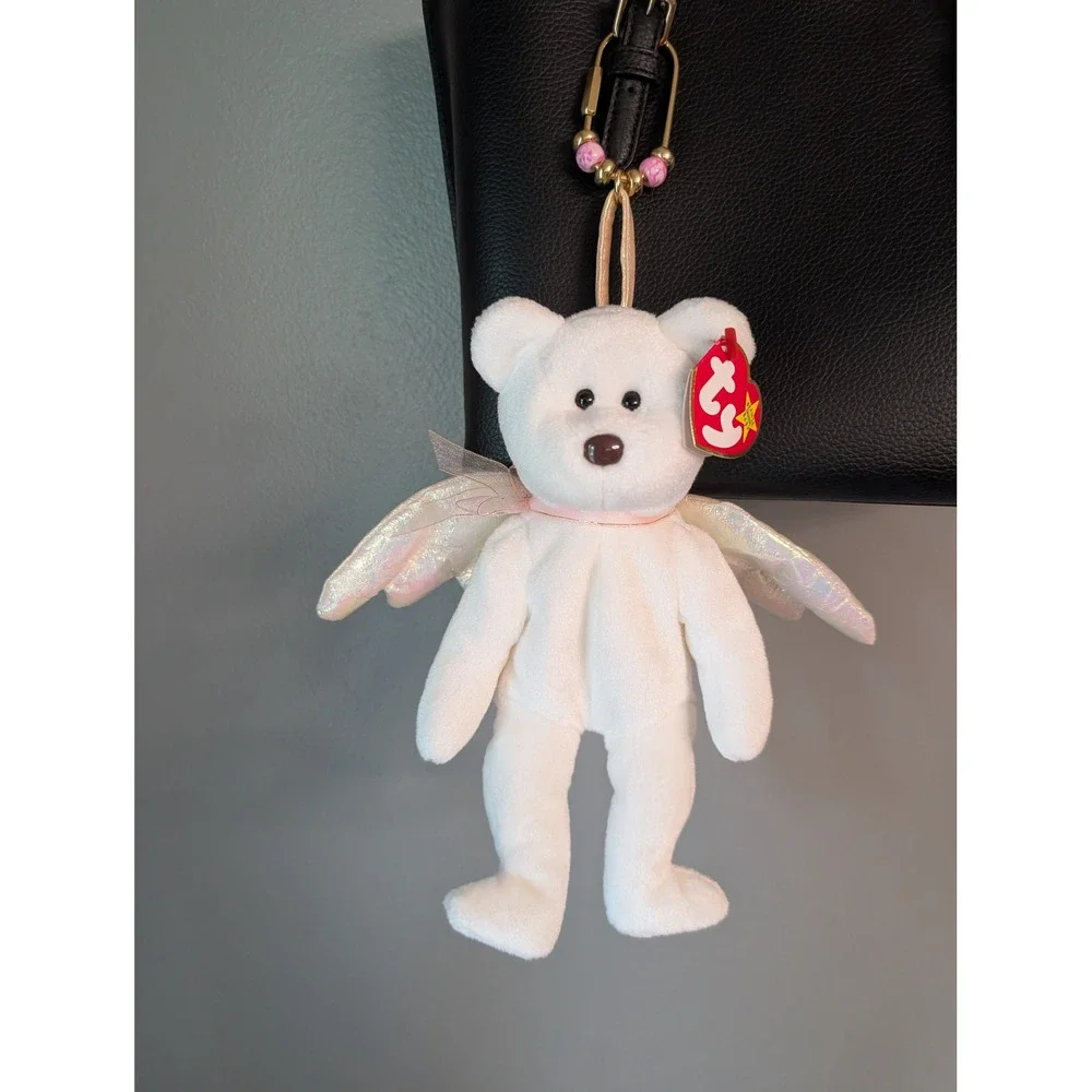 Ty Beanie Baby Halo Angel Bear Upcycled Purse Charm Keychain White 1998